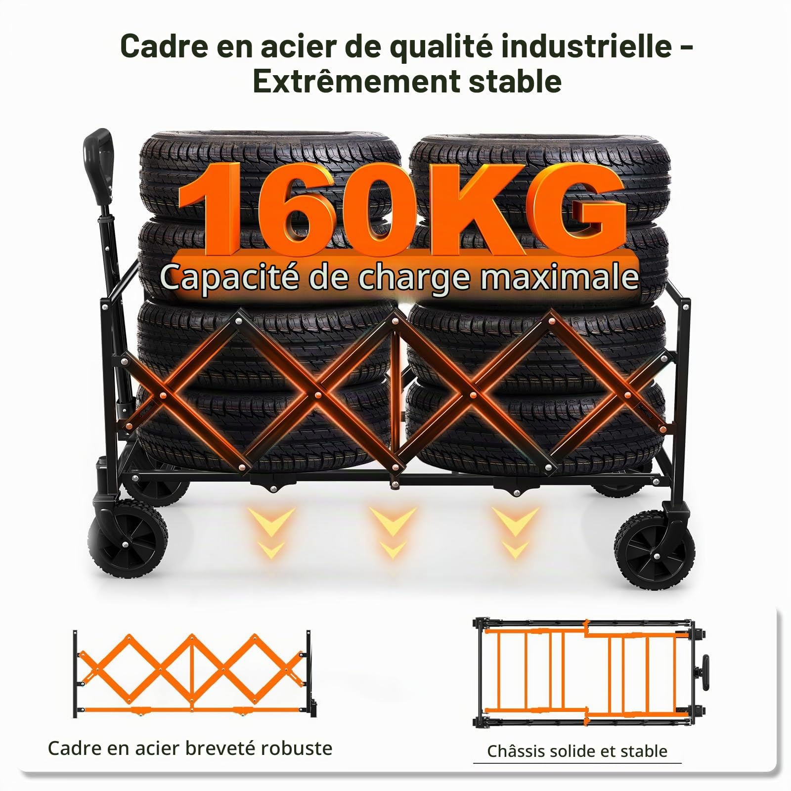 BTTN Chariot de transport pliable de 120 l - Charge maximale : 160 kg - Avec roues silencieuses - Pour jardin, camping, shopping et pique-nique - Chariot de transport pliable avec roues stables - Noir