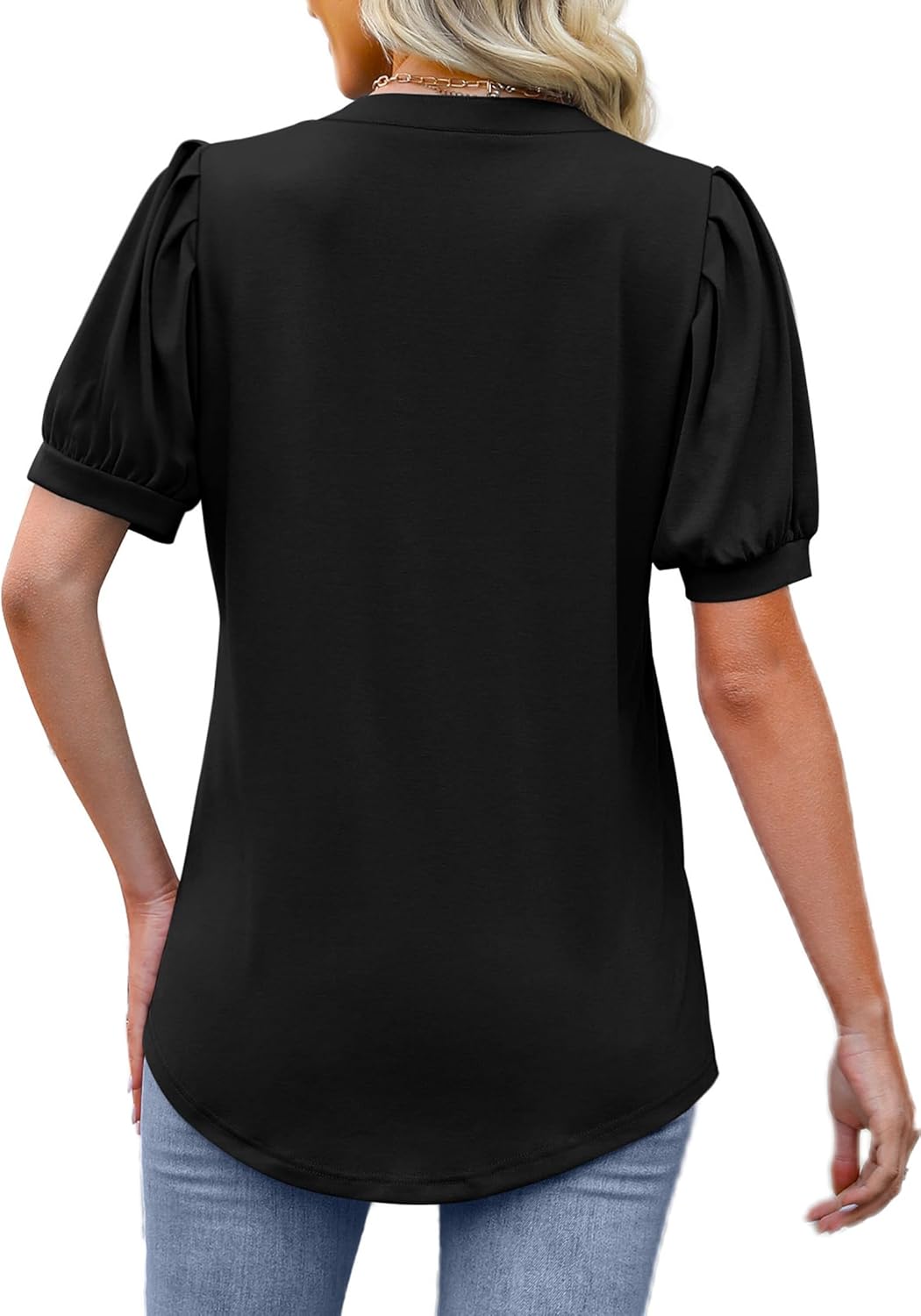 OFEEFAN Women's Pleated Puff Sleeve Tops Summer V Neck Tunic Shirts Loose Curved Hem Blouses Dressy Casual S-3XL - Image 6