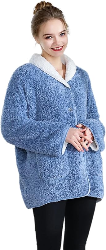 Womens Plush and Cozy Sherpa Reversible Button Front Bed Jacket