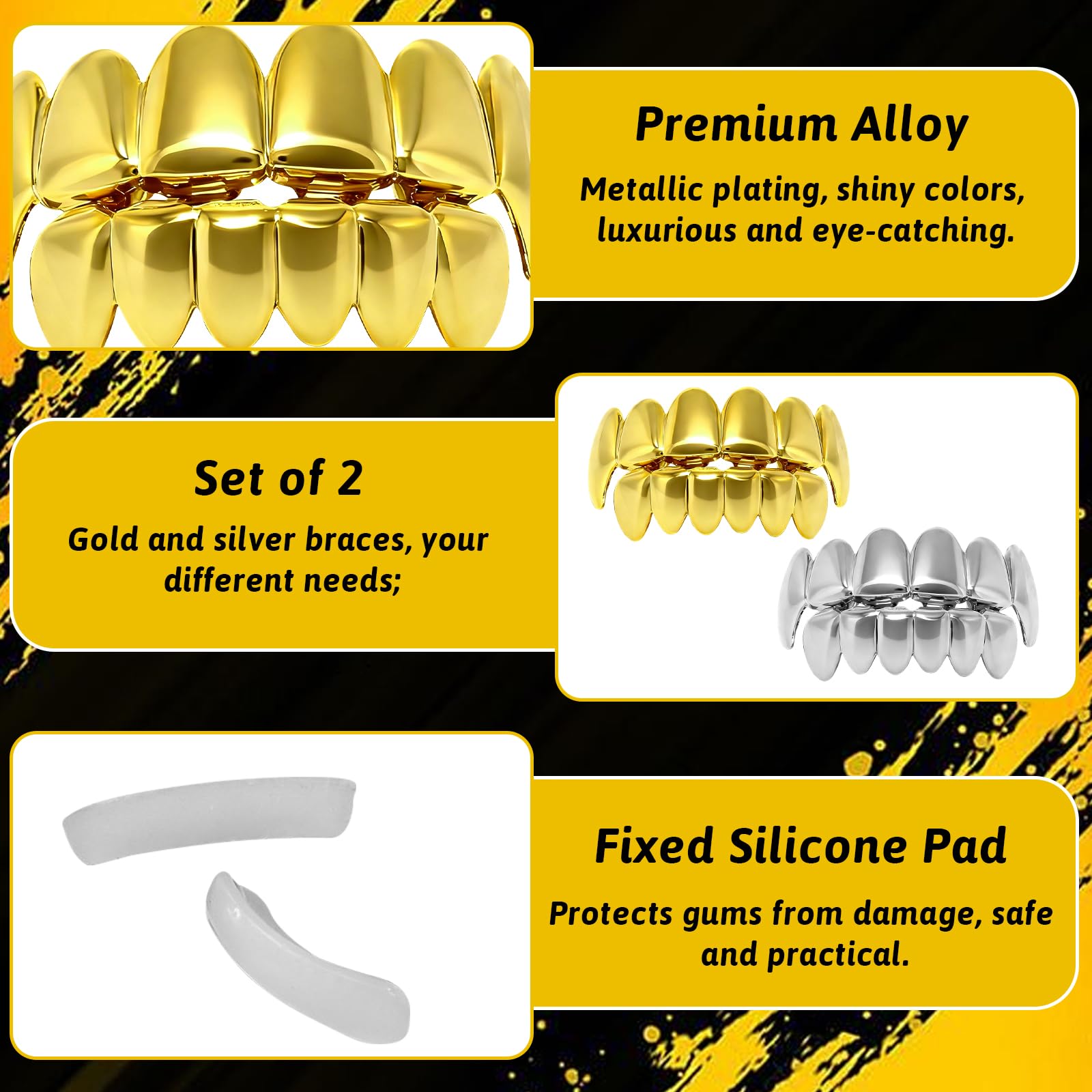 2Pairs Grillz, Grills for Teeth Gold & Silver Grillz Top & Bottom Set, 18K Gold- Plated Grills, Parties, Proms - Image 4