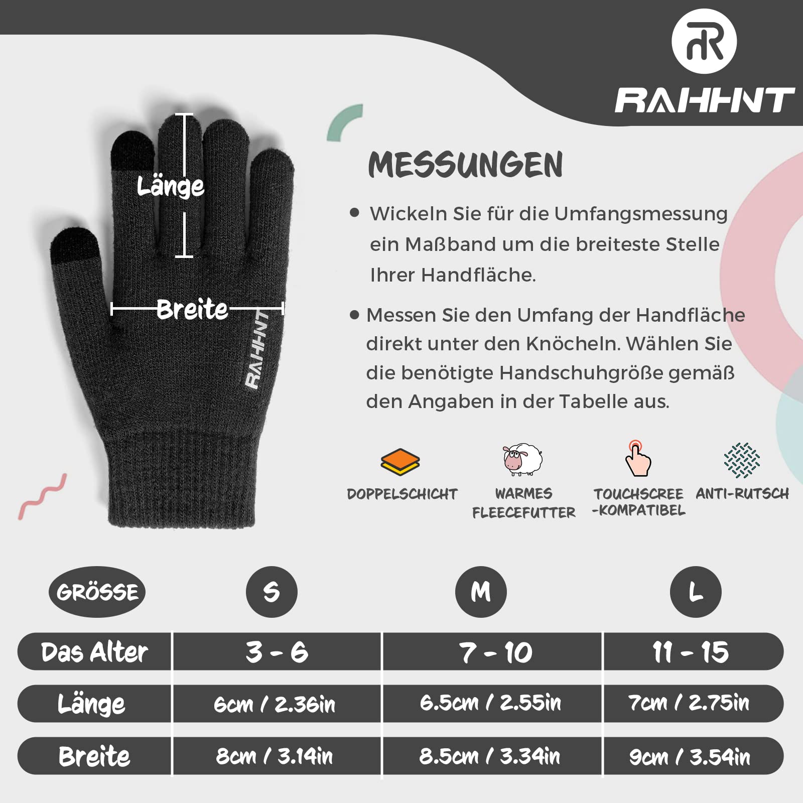 Rahhint Unisex Kinder Handschuhe Winter für Jungen Mädchen Thermohandschuhe Touchscreen Winterhandschuhe Warme Wollstrickhandschuhe mit Fleecefutter 3-15 Jahre