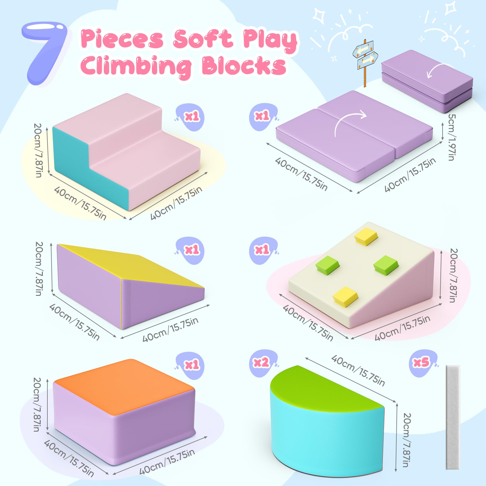 Blocchi da costruzione in schiuma per bambini, grandi blocchi da arrampicata per interni, telaio da arrampicata (colore maccherone-7, copertura in pelle)