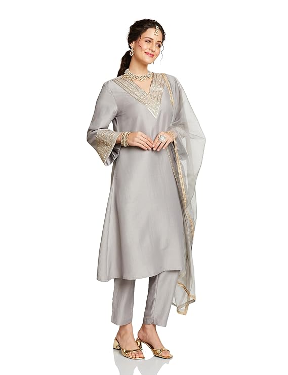 Amazon Brand - Myx Women's Embroidered Pakistani Suit Set with Organza Dupatta | Available in Plus Sizes