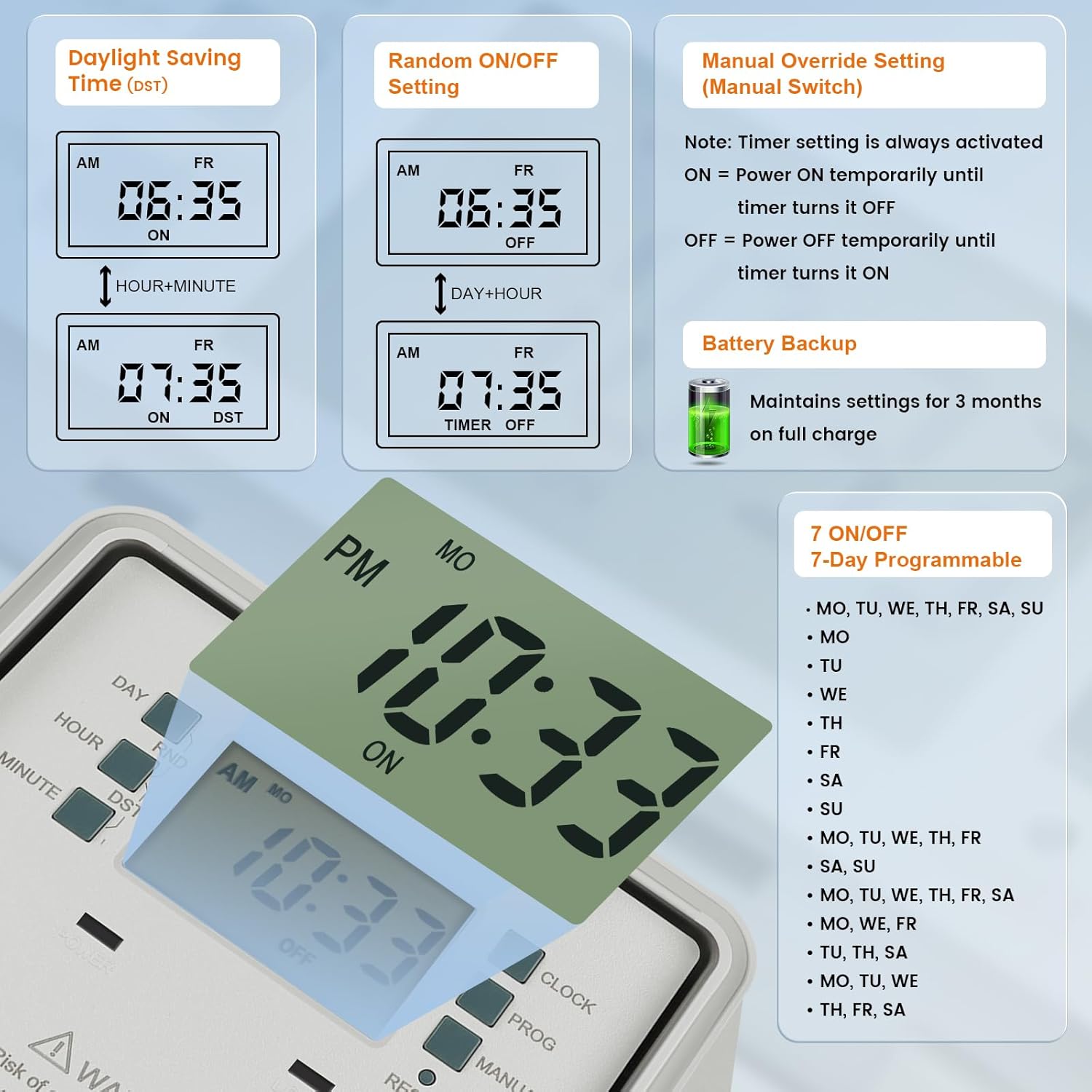 Close-up of the SURAIELEC TD02A-1 Digital Pool Timer's display and control buttons, illustrating options for Daylight Saving Time, Random ON/OFF, Manual Override, and Battery Backup.