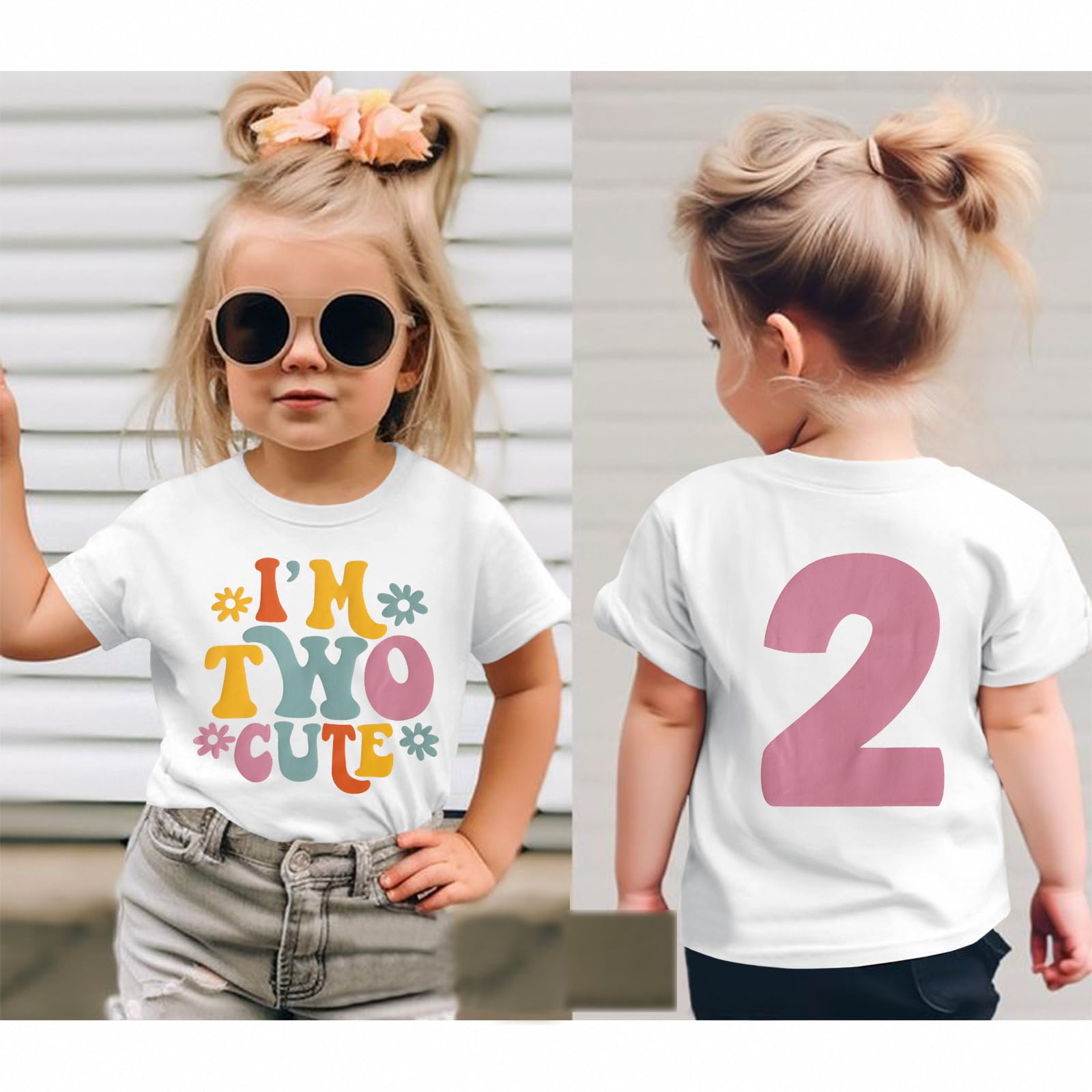 T-shirt 2ème anniversaire pour fille « I'm Two Cute » Imprimante Chemise Deuxième Anniversaire Chemises Fête d'anniversaire Vêtements Été Manches Courtes Haut Doux Col Rond T-shirt 2 Ans Enfants Outfi