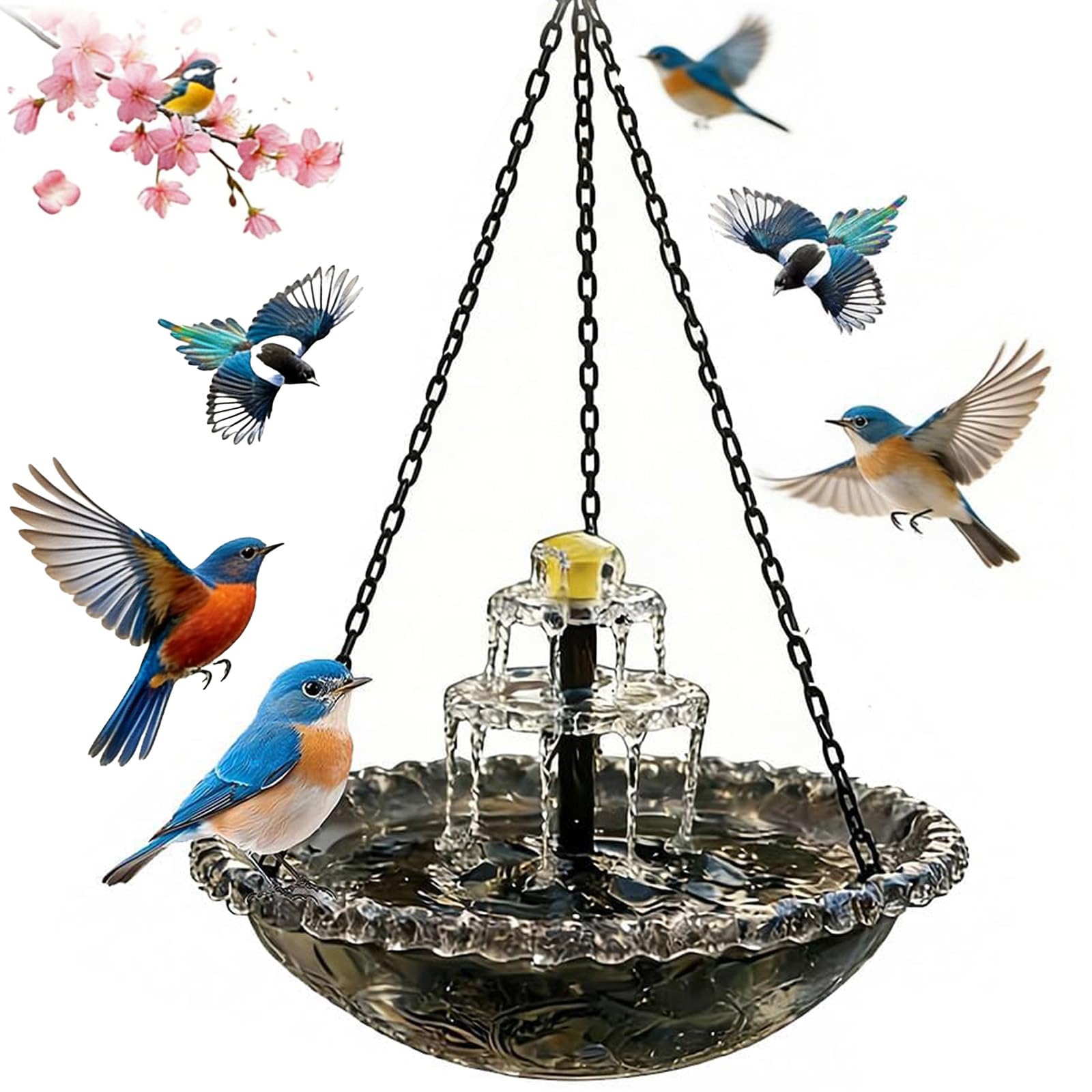 Solar Cascade Hanging Bird Bath Fountain, Outdoor Hanging Bird Bath with Solar Fountain, Large Hummingbird & Wild Bird Feeder, Automatic Water Flow, No Wiring Needed (Black, B (Double-Tier Fountain))