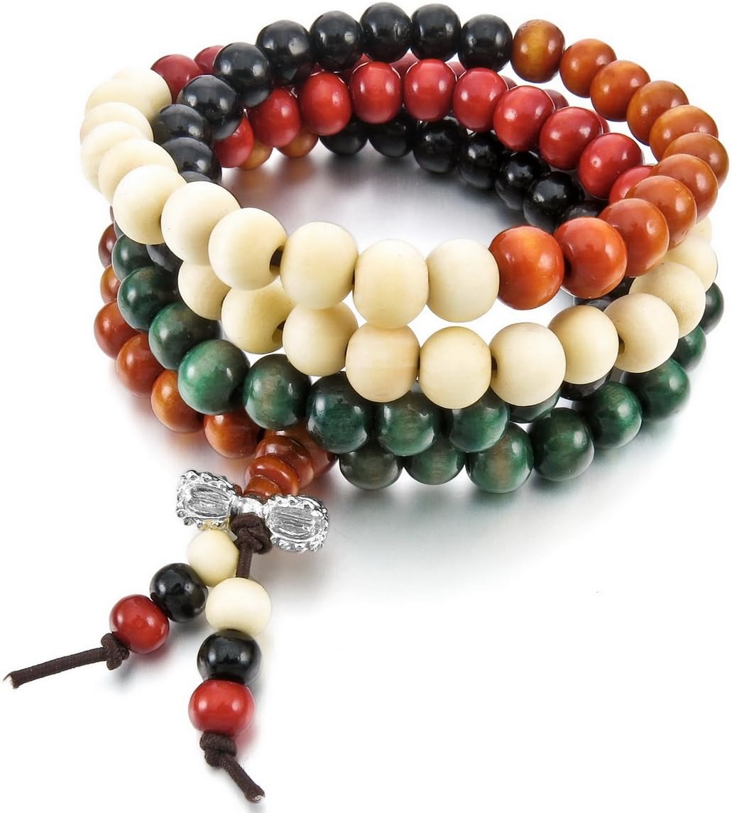 INBLUEWomen,Men's 8mm Wood Bracelet Necklace Tibetan Multicolor Sandalwood Prayer Buddha Mala Elastic