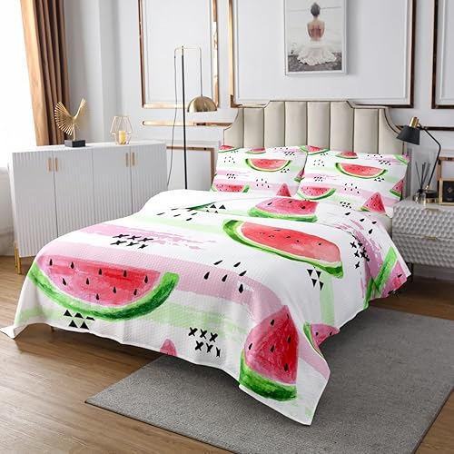 Miniatura 5 de Manfei Colcha de sandía, tamaño Queen, colcha acolchada con estampado de frutas Kawaii con 2 fundas de almohada, juego de colcha de rayas rosas y