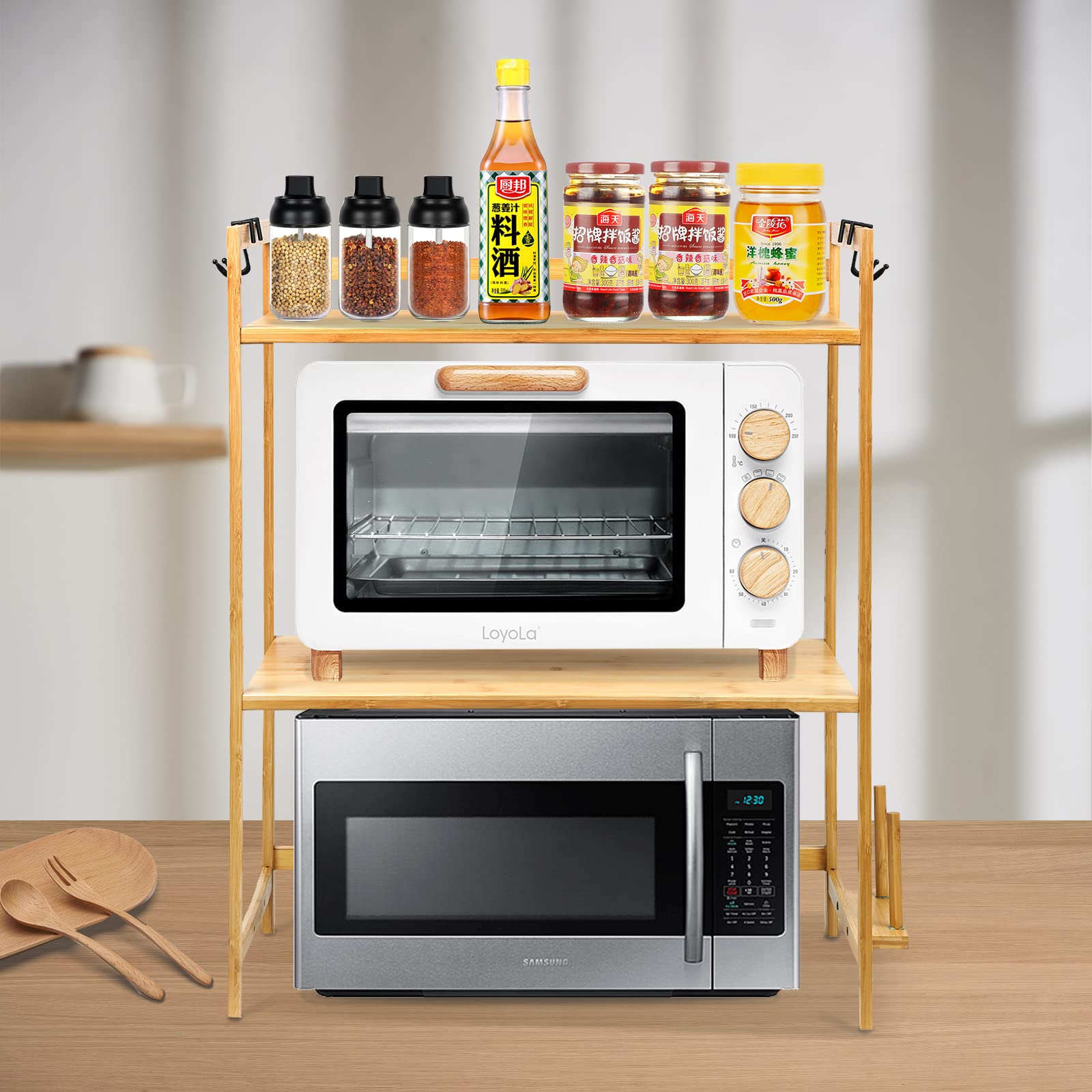 Scaffale Microonde In Bambù - 3 Livelli, Estensibile, Con Ganci, Risparmio Spazio Cucina - Foto 14