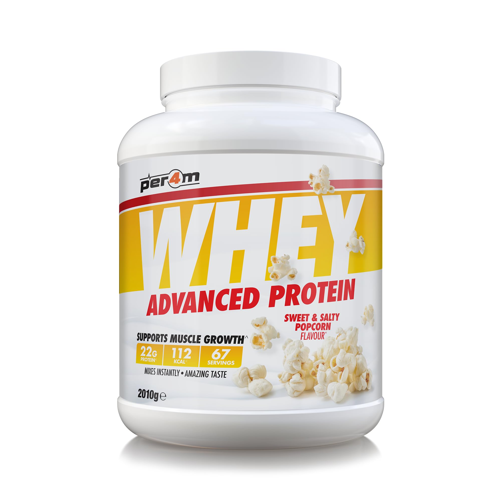 Per4m Whey Protein Powder | High Protein Shake for Muscle Growth & Recovery | Low Sugar Gym Supplement | Sports Nutrition Drink + Amino Acids (2010g, Sweet & Salty Popcorn)