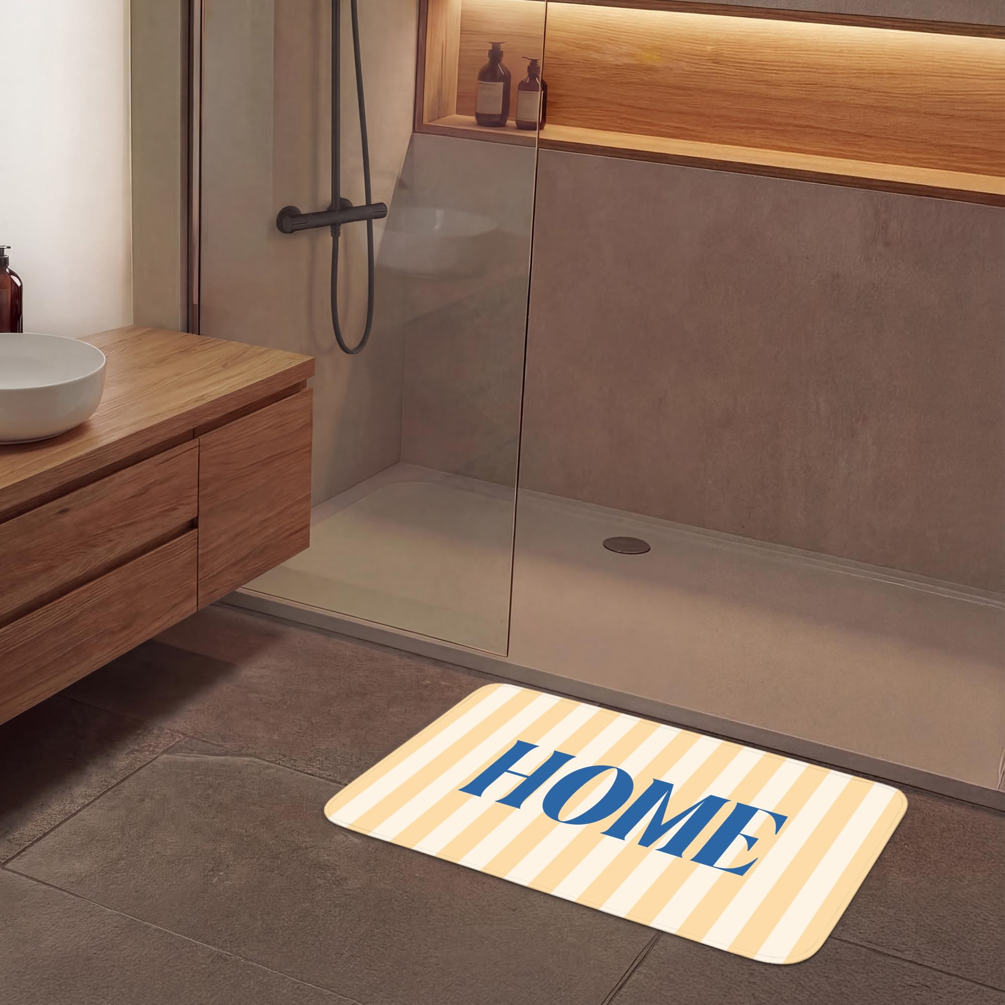 Tapis De Douche Rectangulaire 90x60 cm Bain Decoration Absorbant Antidérapant Lavable Non Slip Bath Mat Accessoire Baignoire Bleu - Jaune - Rayures - Accueil