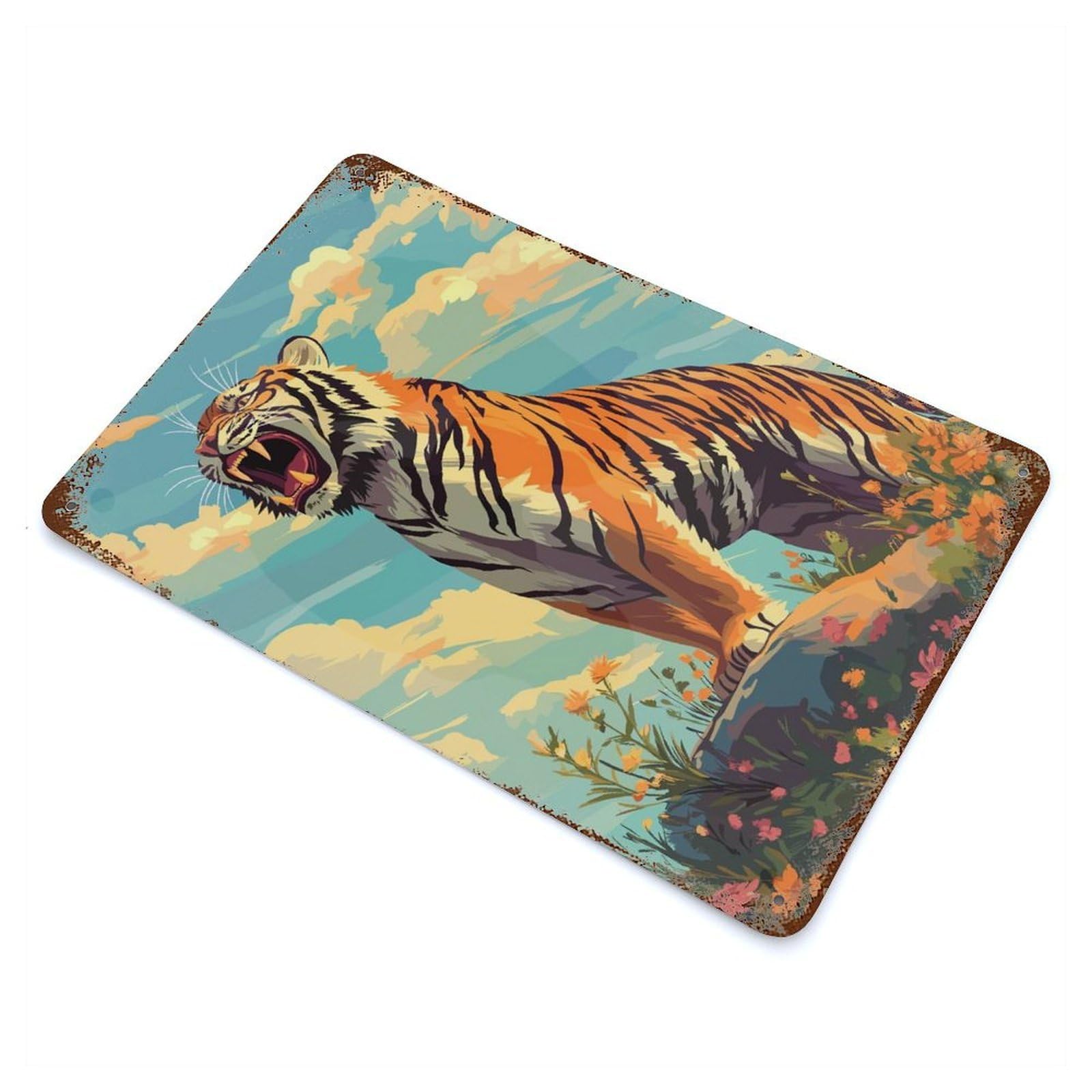 Roaring Tiger in Floral Landscape Weathered Tin Sign 11.8"x7.9", Rustic Home Decor for Garage, Bar And Workshop Decor