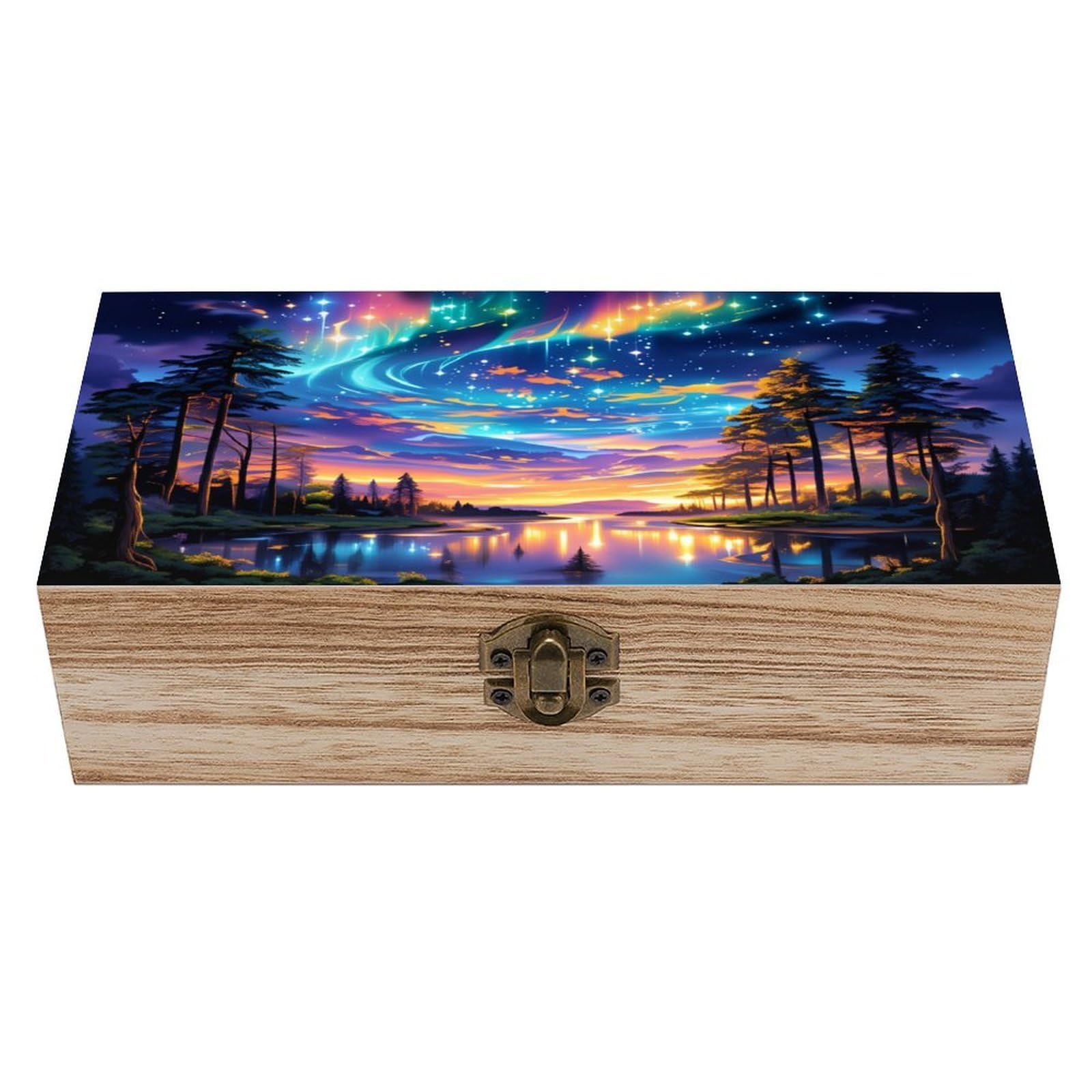asbwuo Aurora Lake View Vintage Wooden Keepsake Box