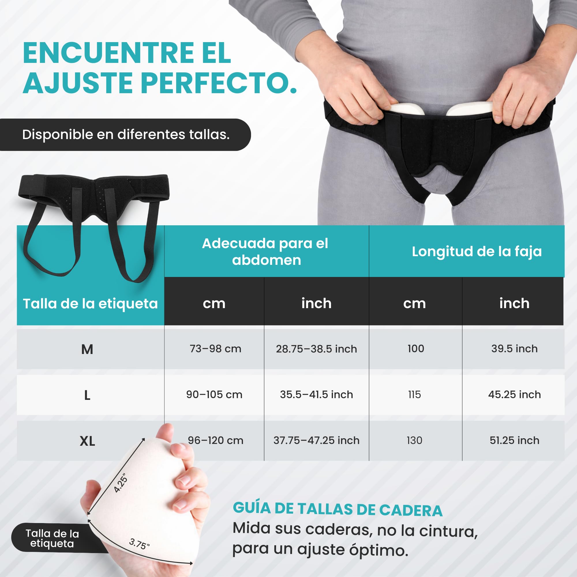 BeFit24 Cinturon Hernia Inguinal Hombre | 2 Almohadillas Silicona | Cinturon Hernia Inguinal Ajustable XL | Faja Hernia Braguero Discreto Bajo Ropa Soporte Ajustable 96–120 cm