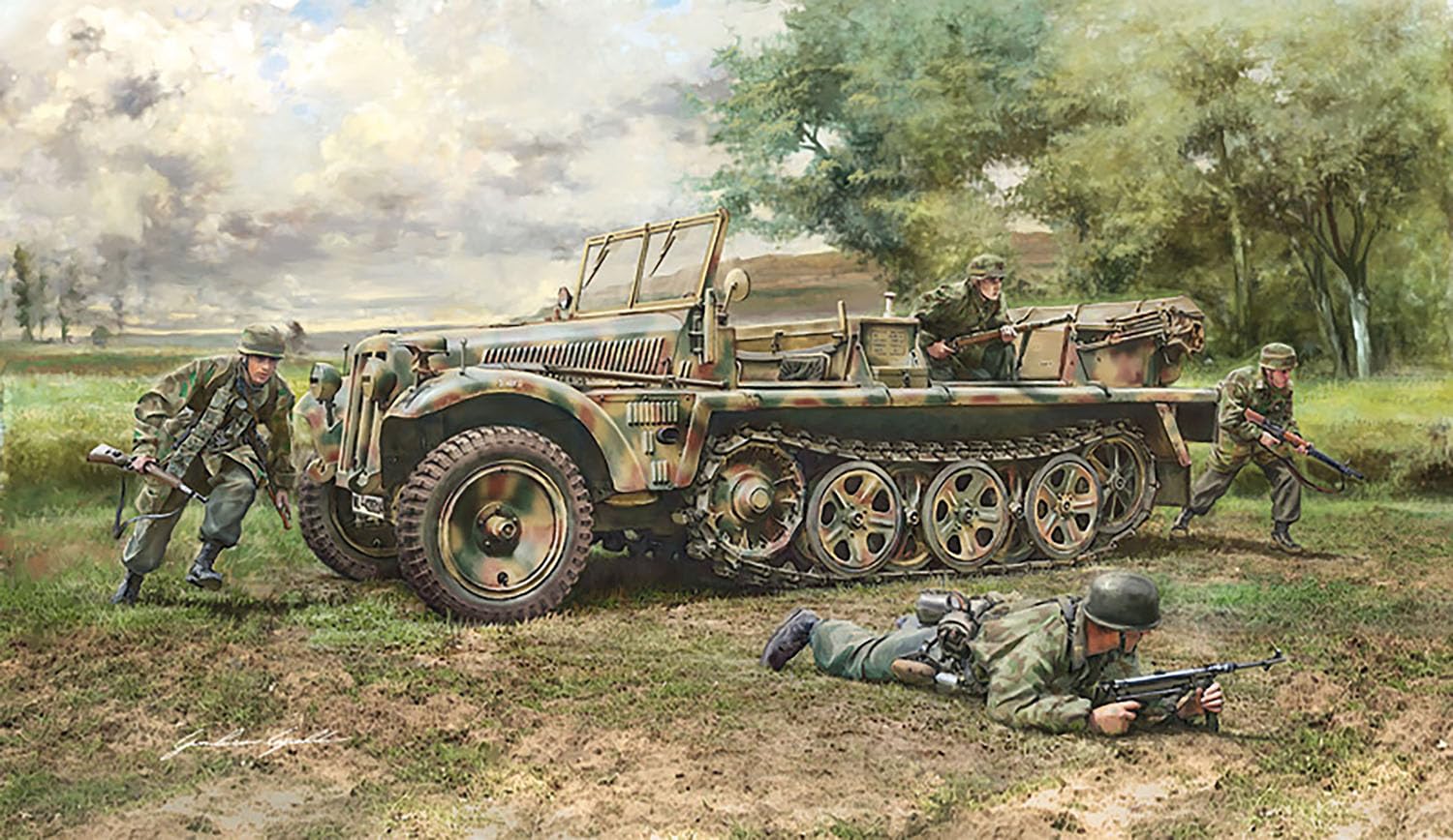 Platz IT6561 IT6561 1/35 WW2 niemiecki Sd.Kfz.10 Demag D7 Descent Hunters figurka, zawiera 4 modele plastikowe
