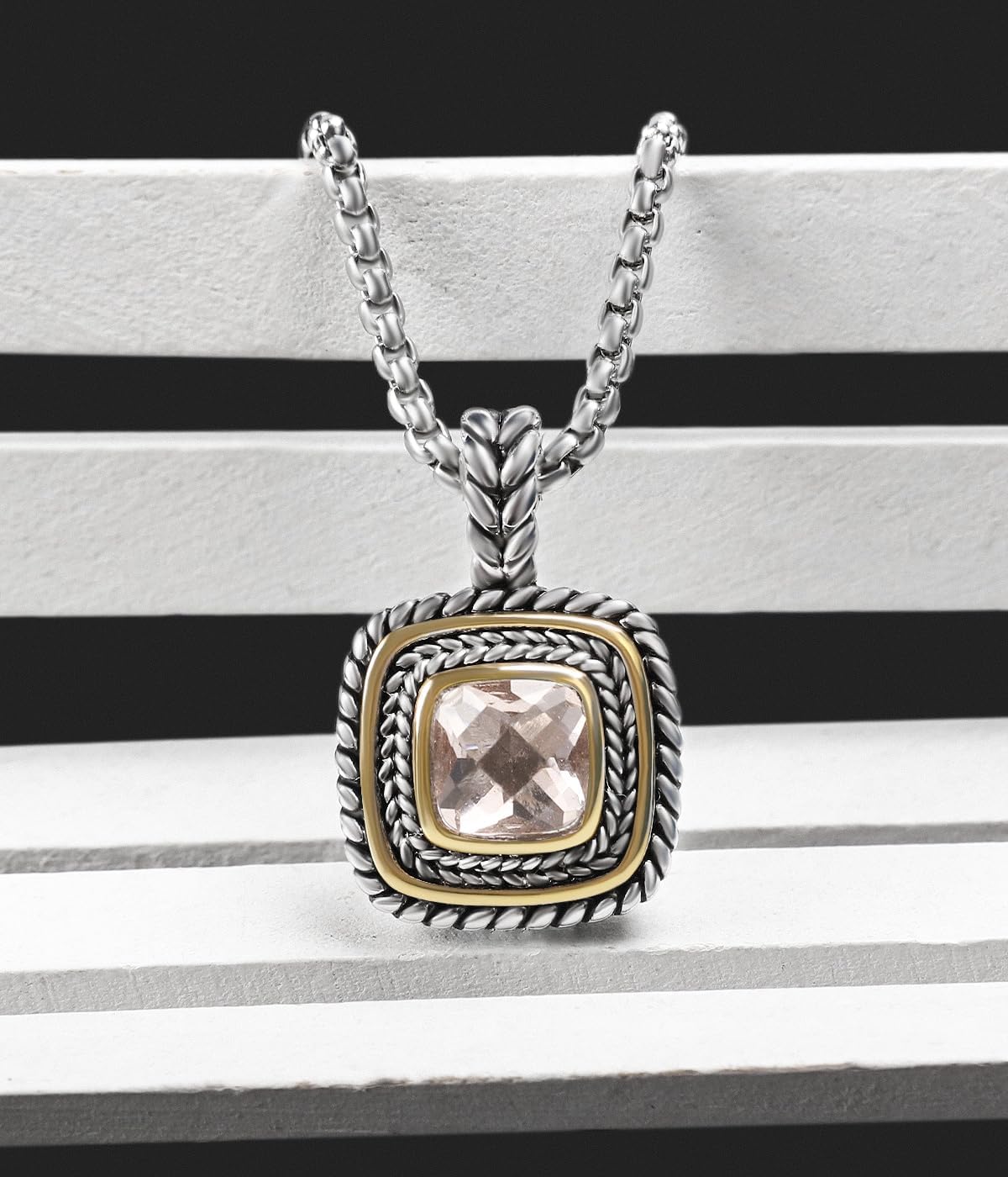 Designer Inspired 7MM CZ Pendant Necklace for Women 18K Gold Plated Two Tone Wheat Cable Necklaces - Image 4