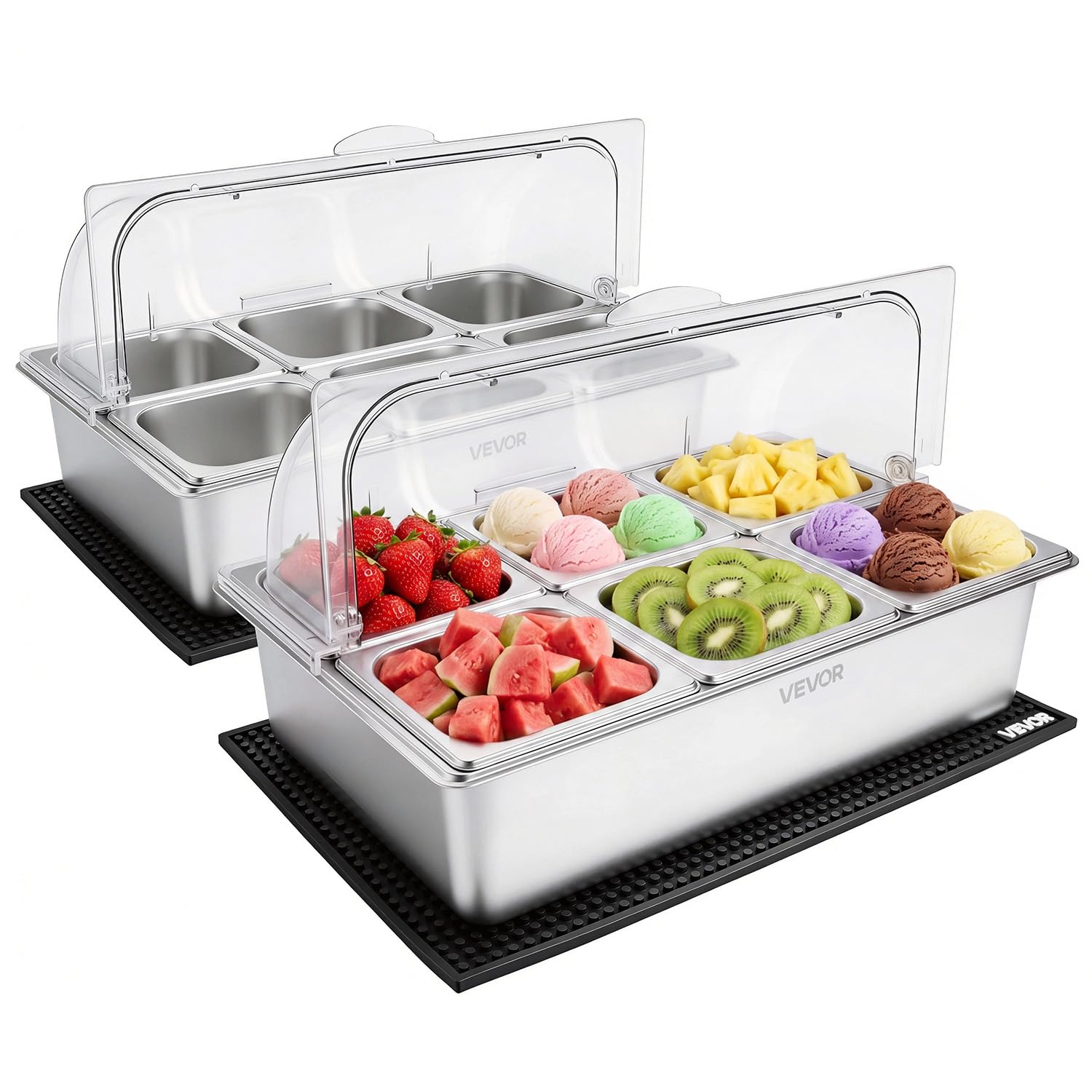 VEVOR Vetrina Refrigerata da Banco per Ingredienti, Contenitore Refrigerato 2 pezzi 6 Vaschette in Acciaio Inox per Ingredienti Alimenti Cibi da Catering Bar Hotel Buffet Freddi, Coperchio Trasparente