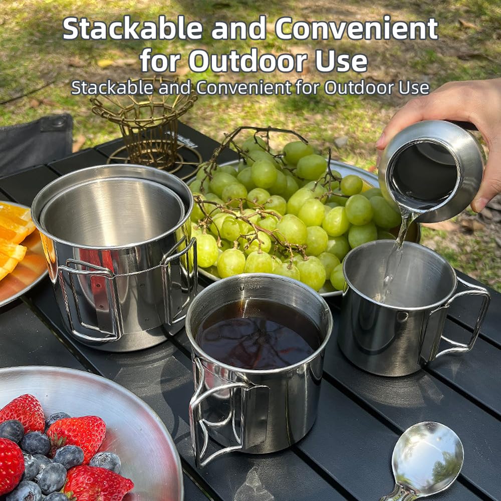 Juego de 4 Tazas Plegables de Acero Inoxidable con Asas, Ideales para Camping, picnics, Senderismo, Pesca y Viajes.