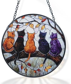 Stained Glass Window Hanging Cats on a Branch Suncatcher for cat suncatcher | Home Decor. Ideal for Christmas, Mothers Day, Fathers Day and Birthday Gifts for Men, Women and Mom, 6.56.5 Inches
