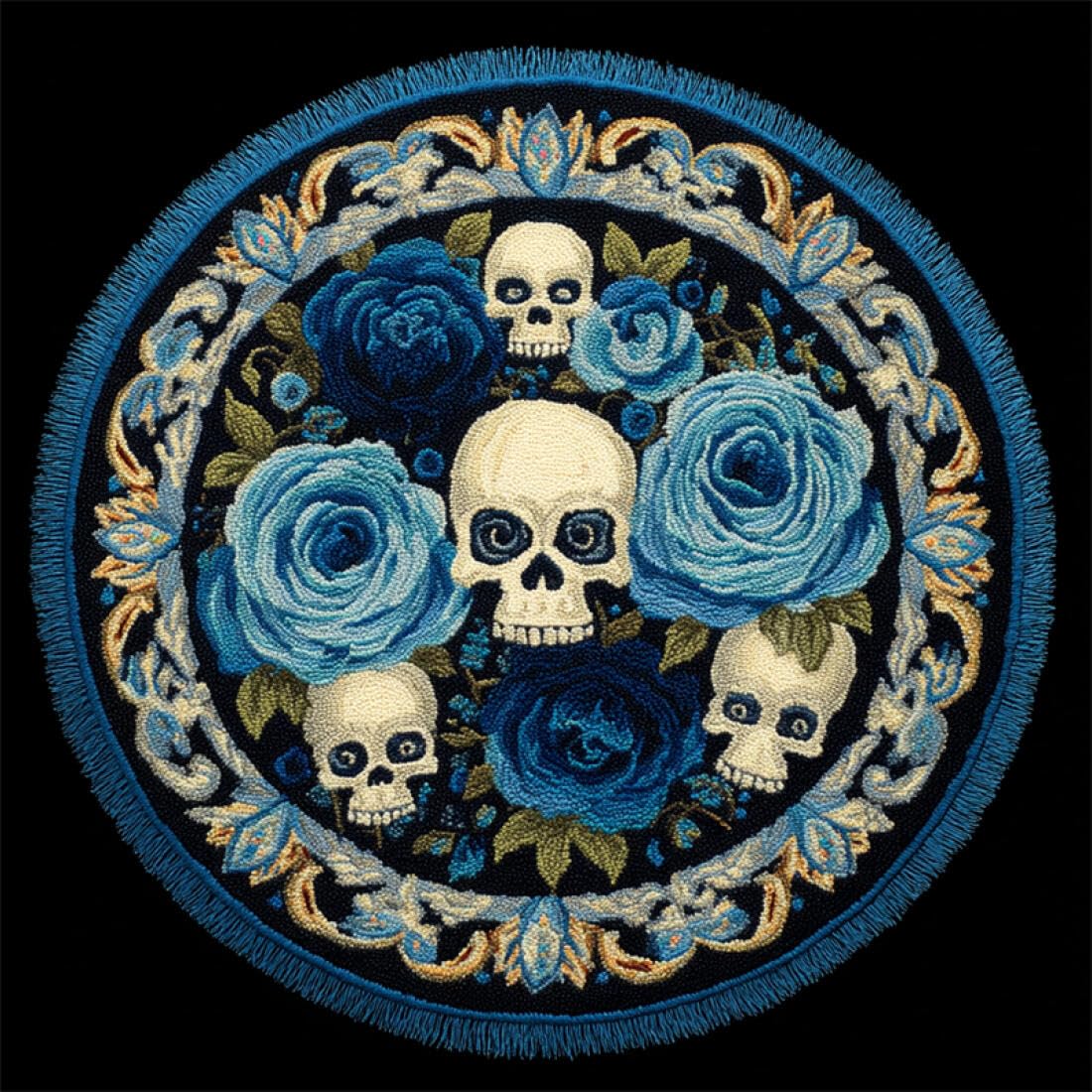 Rqwybcaxn DIY Latch Hook Rug Kit for the Elderly Crochet Starter Kit Skull and Rose 100x100cm Round Tapestry with Crochet Hook Hallway Craft Gift