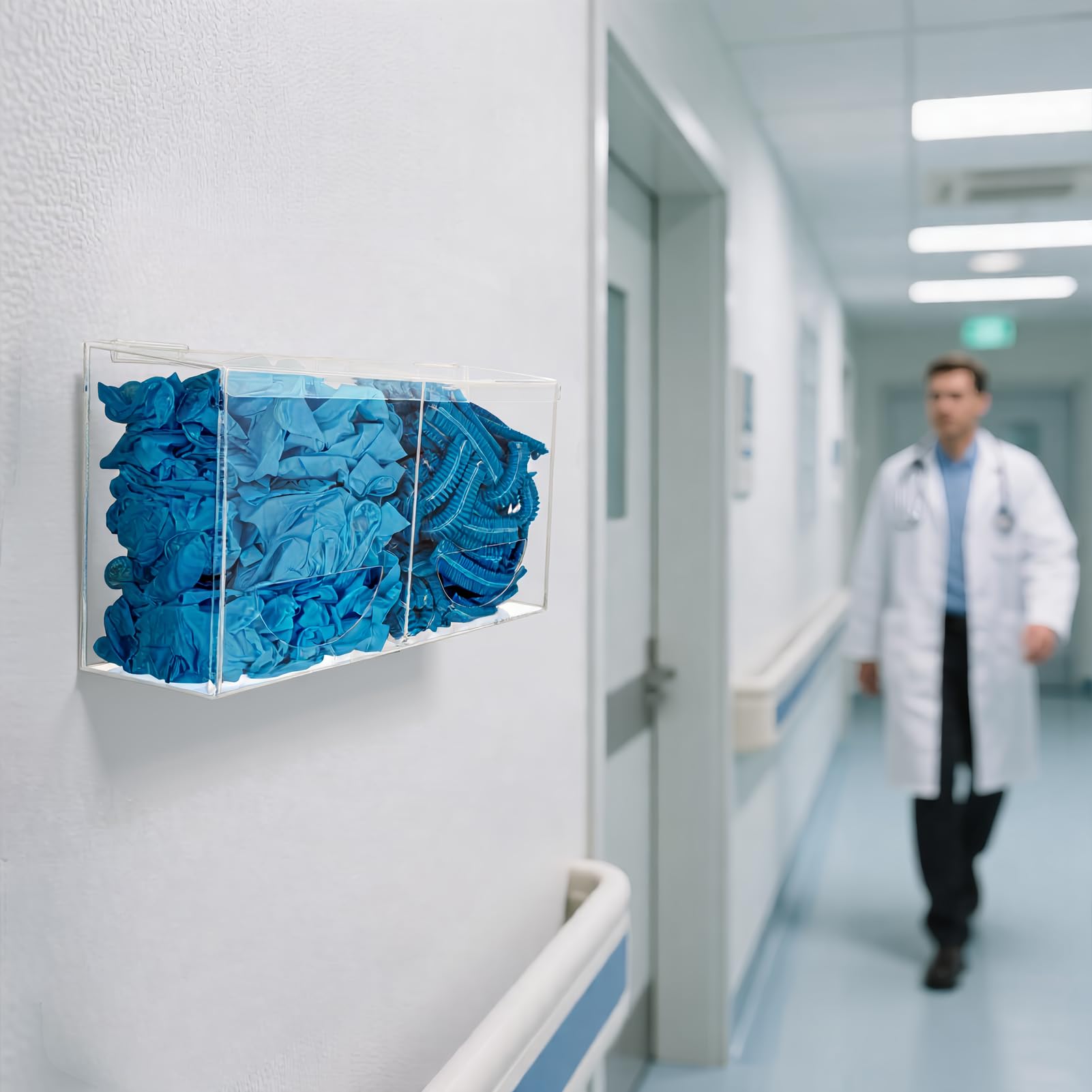 Dispenser per guanti da parete, contenitore in acrilico con 2 scomparti per guanti in gomma usa e getta, retine per capelli, tappi per le orecchie, capsule per bucato, pastiglie per