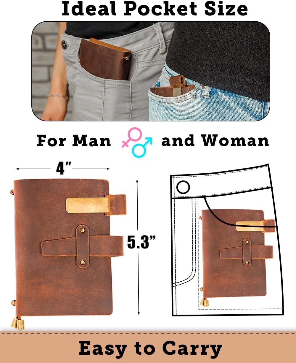 Leather Writing Journal Notebook For Men & Women - Leather Notepad, Pocket Notebook ‎5.3" x 4", 180 Pages - Sketchbook for traveling with Pen Holder, Card Holder, Handmade Refillable Travel Diary Journal