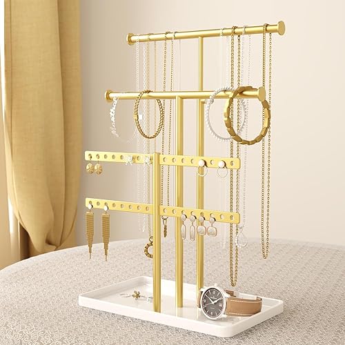 Organizador de joyas de 3 niveles, soporte de exhibición de collares, torre de joyería ajustable en altura para todos los aretes, pulseras, relojes,