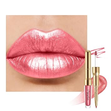 Depuplum Pink Metallic Lipstick and Lip Liner Combo Makeup 2in1 Shimmer Glitter Lipsticks for Women Metallic Lip Gloss Stain Waterproof Smudgeproof Red Pink Long Lasting Lipsticks,GB21 Hippie