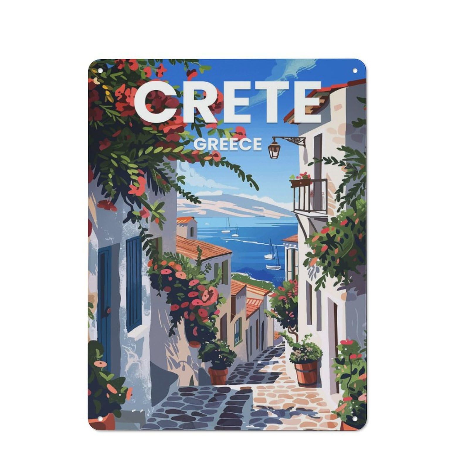 Junmoney Style-1 Metal Gift Sign With Island Of Crete Design 40X30cm, Character Room Wall Plaque For Flat, Dorm Room, Lounge Or Cafe