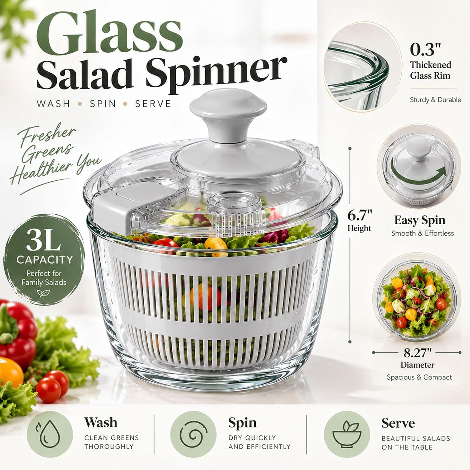 3.2 Qt Glass Salad Spinner with Storage Lid Gray