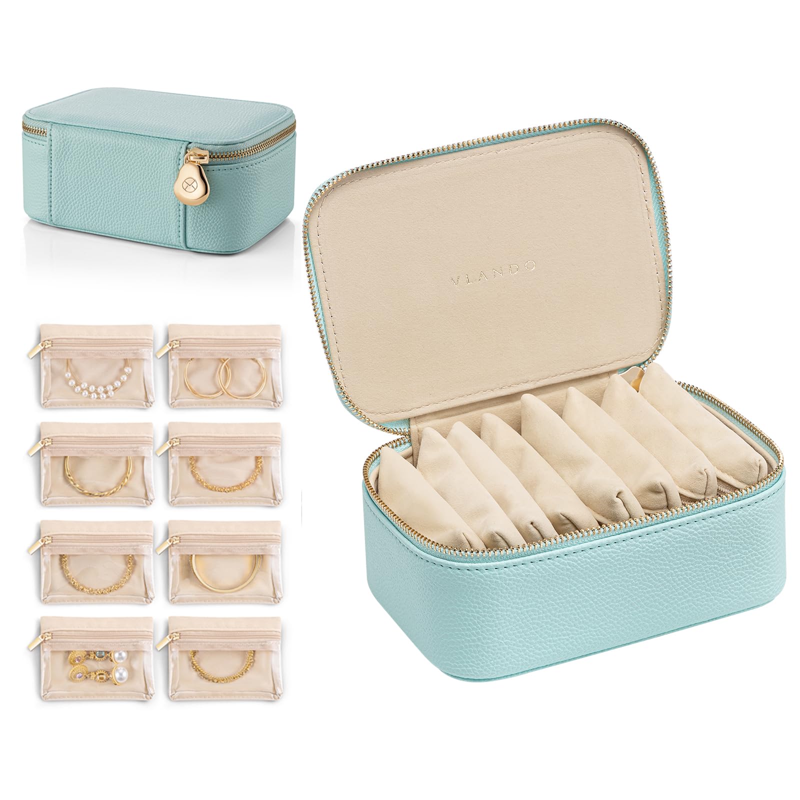Vlando Travel Jewelry Box Organizer - 8 Small Velvet Zipped Pouches Pockets for Jewelries Necklaces Rings Earrings Sorting