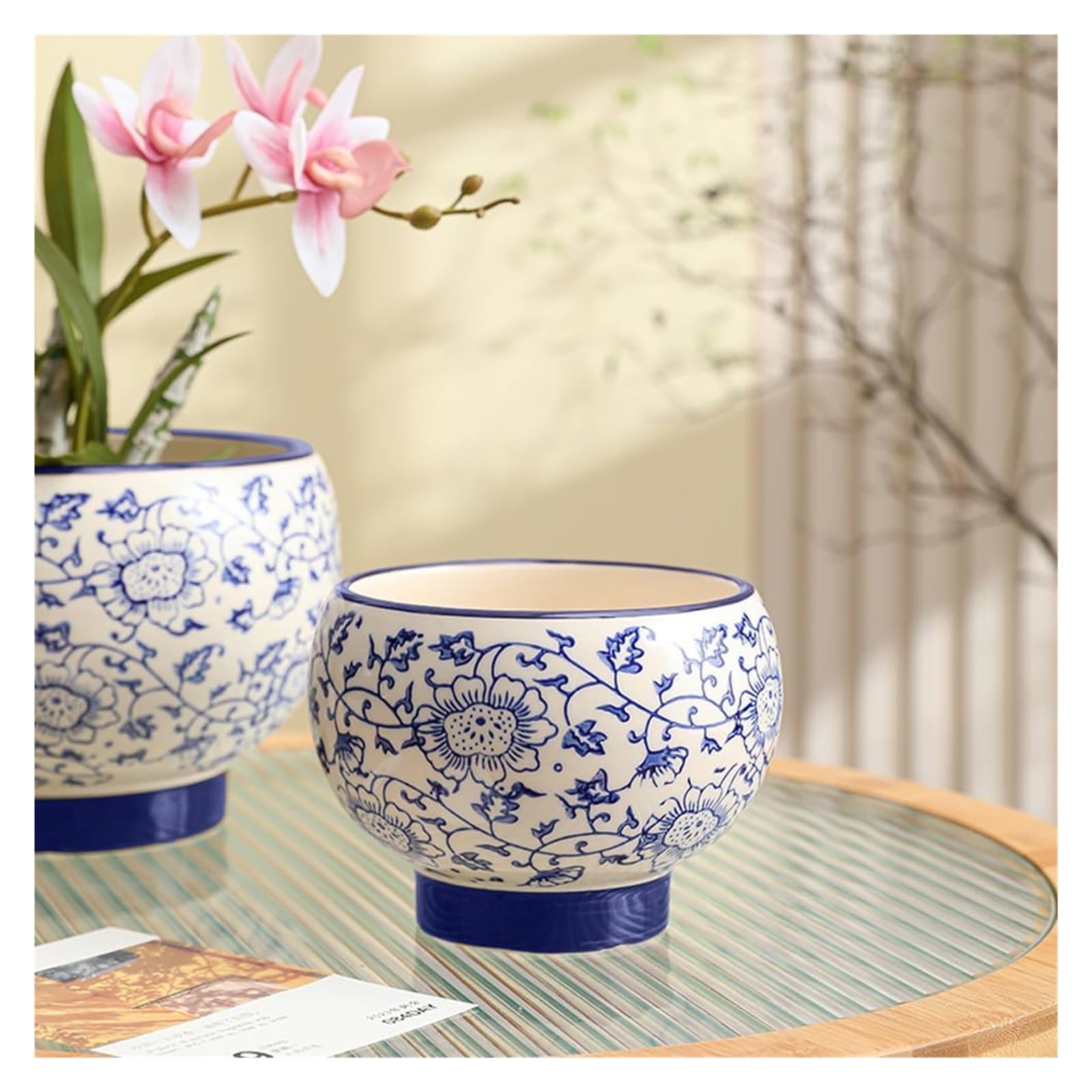 Doniczka gliniana do roślin chińska niebiesko-biała porcelanowa doniczka ceramiczna nowoczesna glazura sukulent z otworem drenażowym 20 cm okrągły kwiat do wewnątrz na zewnątrz zioła Sna (21 x