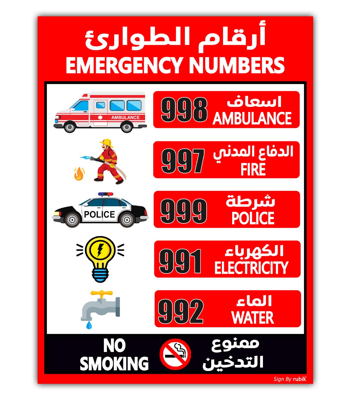 Rubik UAE Emergency Numbers Magnetic Sticker Sign, Removable, Highly Reflective, Help Line List, Waterproof, Premium Magnet Sign (Large 21x28cm)