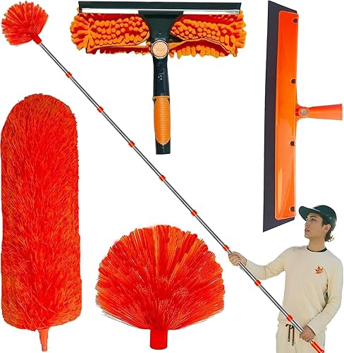 Kit de plumero de alto alcance de más de 20 pies con poste de extensión de 3 a 14 pies, kit de limpieza de techo alto y ventana con poste