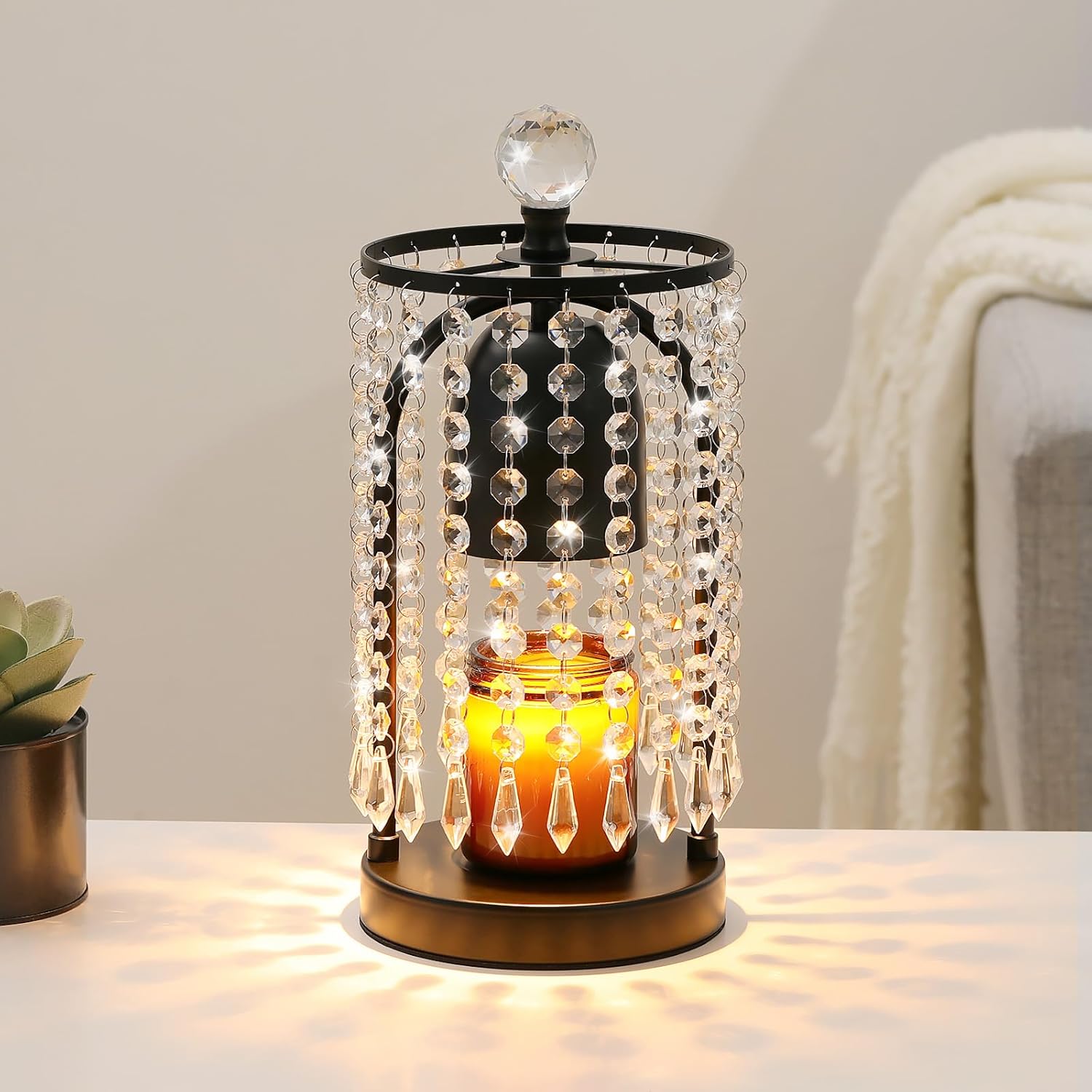 Candle Warmer Lamp with Timer & Dimmable, Candles Warmer Lamp Crystal Wax Melt Tool with 2 Bulbs, Electric Candle Melter Decor for Bedroom Home, Black