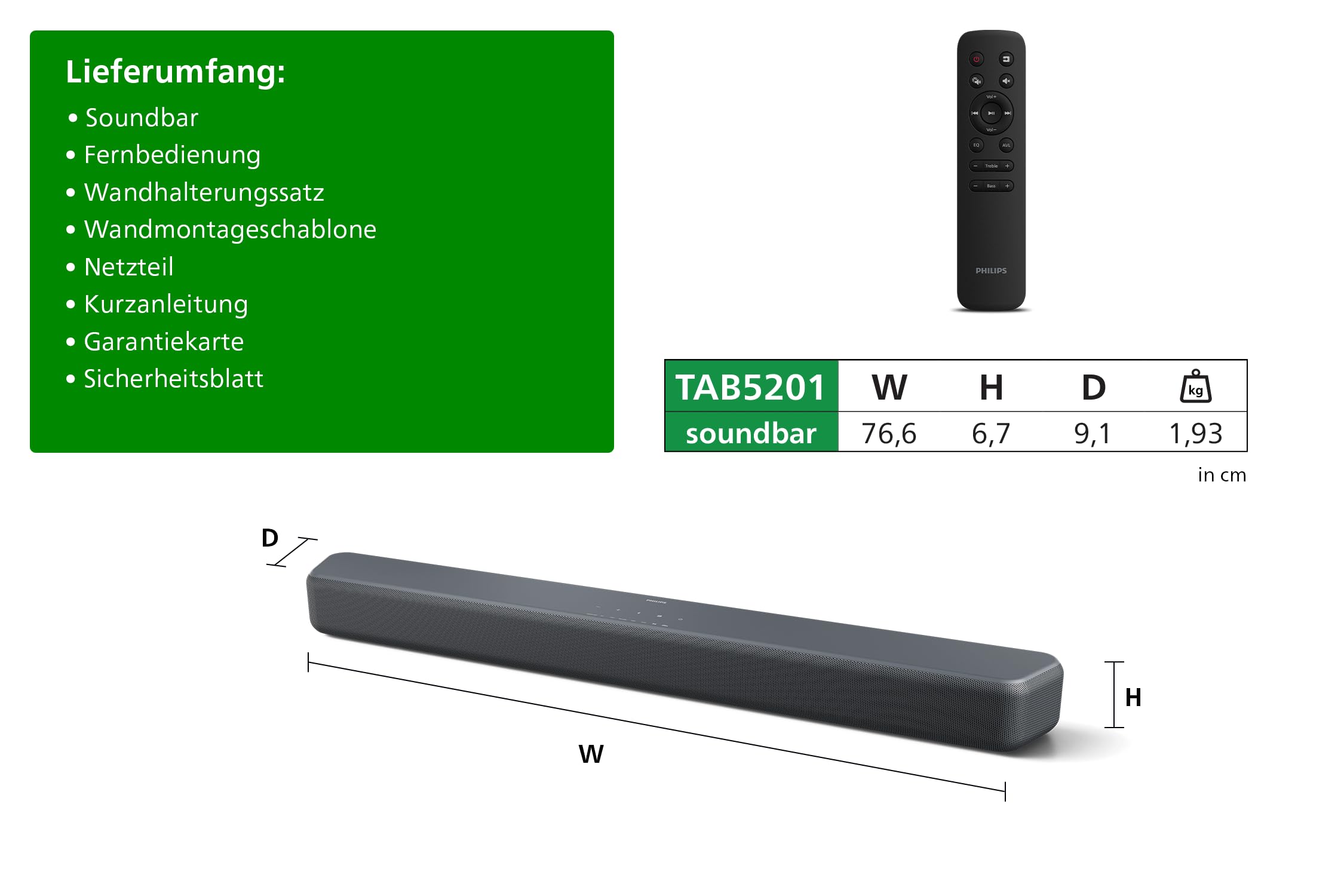PHILIPS TAB5201 2.0-Soundbar; 160 W max. Ausgangsleistung, Dolby Digital Plus, DTS Virtual:X, Intellisound KI Audio, Bluetooth LE 5.4, HDMI ARC, optische & USB-Eingänge; Gunmetal