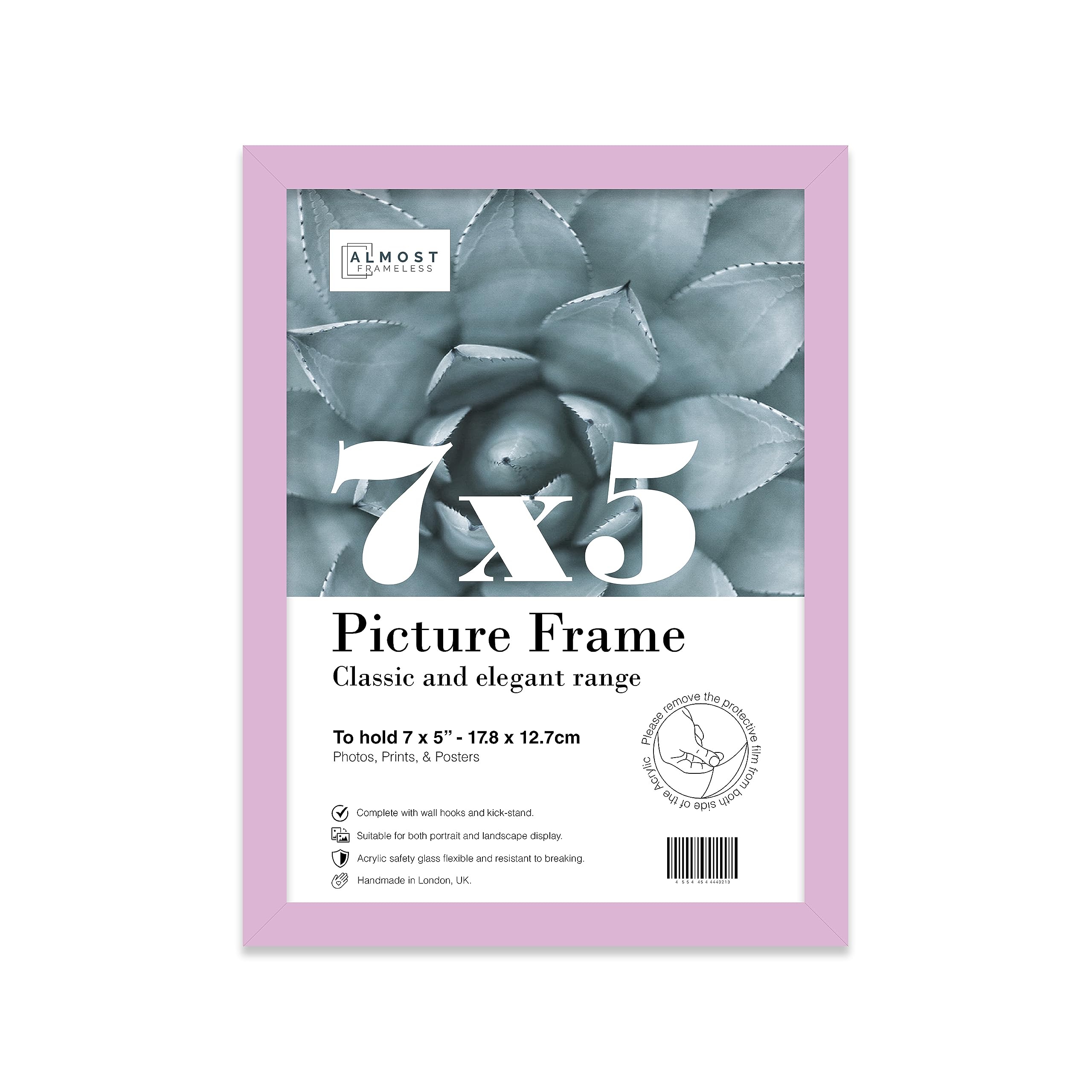 Almost Frameless 7x5 Lilac Picture Frame 7"x5"(17.7x12.7cm) Poster, Photo, Artwork, or Print. Thin Edge Slim Frame Portrait and Landscape Display with Wall Hooks