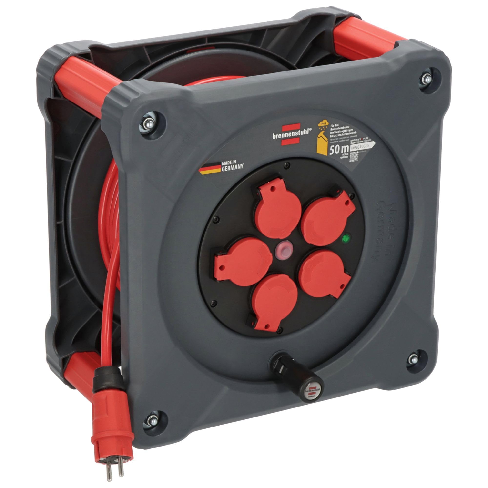 Brennenstuhl Professional Baustellen-Kabeltrommel KA 5210 5 IP44 (50m H07BQ-F 3G2,5 Kabel in rot, 5 Schutzkontakt-Steckdosen, Baustelleneinsatz und ständiger Einsatz im Freien, Made in Germany)