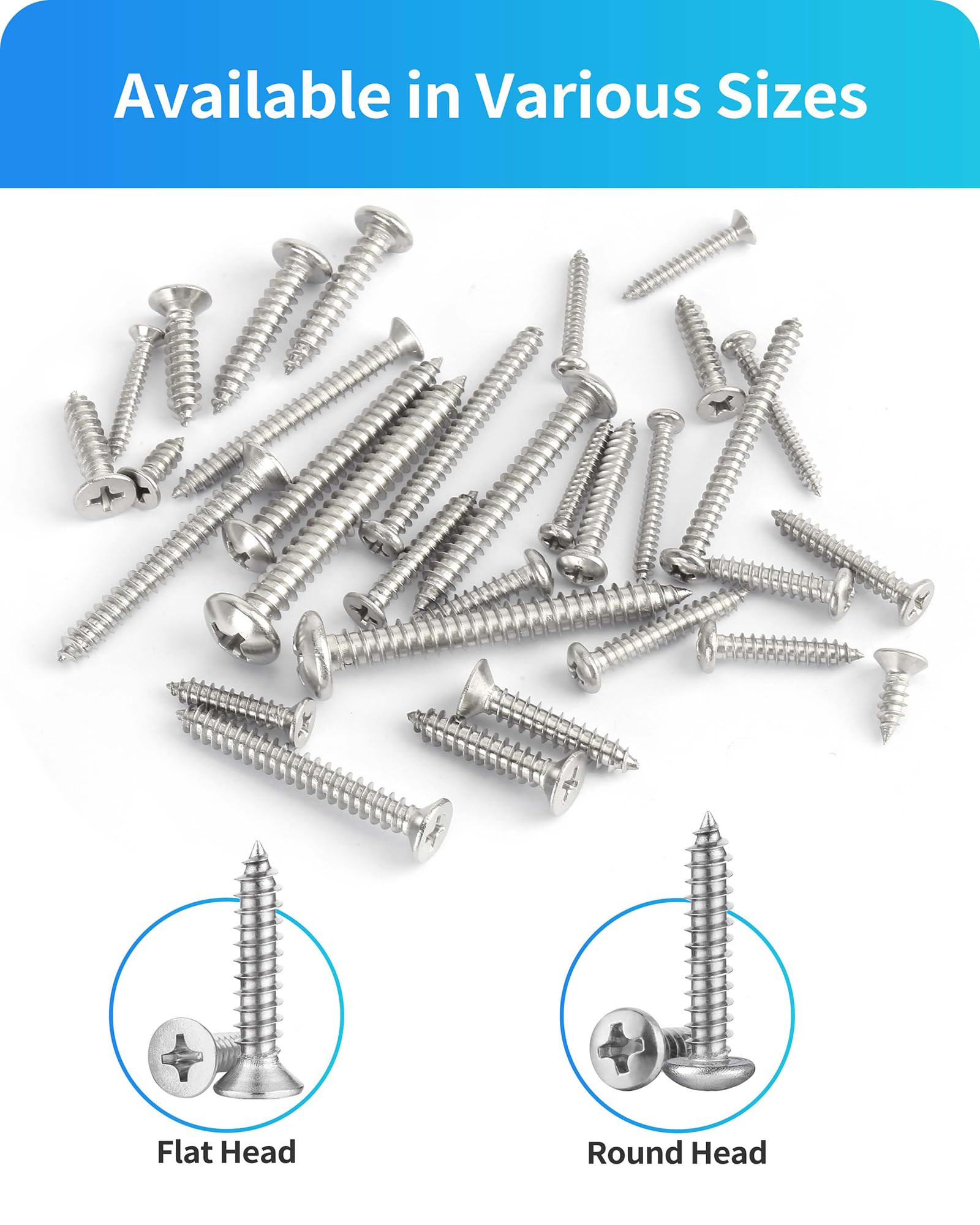 DIVANC 560Pcs 304 Stainless Steel Self Tapping Screws Assortment Set, M3/M4/M5/M6 Flat Head & Round Head Self Tapping Screws Assortment Set, Phillips Drive Wood Screw Assortment Kit - Image 8