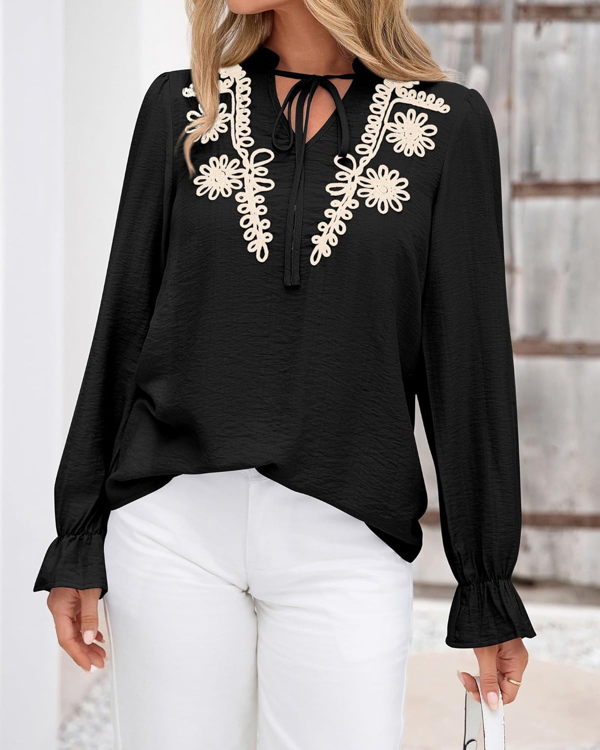 BTFBM Womens Tops Dressy Casual Fall 2025 Boho V Neck Ruffle Long Sleeve Shirts Floral Embroidered Work Business Blouses - Image 4