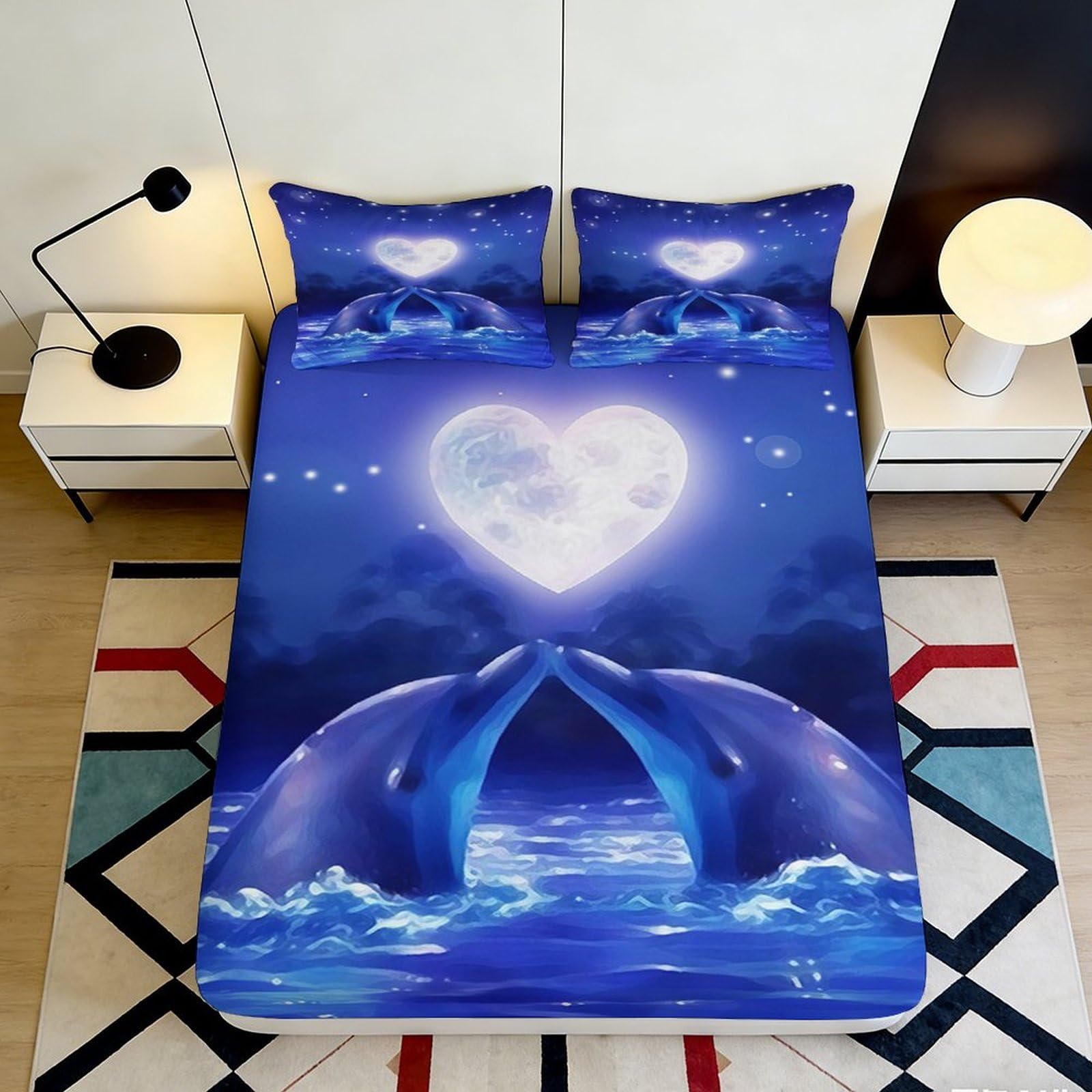 3D Printed Blue Ocean Dolphin Fitted Sheet Microfiber Soft Mattress Cover Heart Moon Bedroom Decor 90x200x25cm