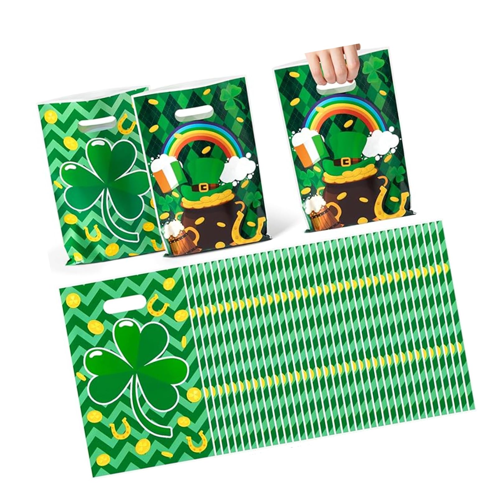 Jazuaiao 50 Green Celebration Treat Bags with Creature and Leaves Designs Clovers Printed Handbag Ideal for Gift Packaging Bulk Present Pouches