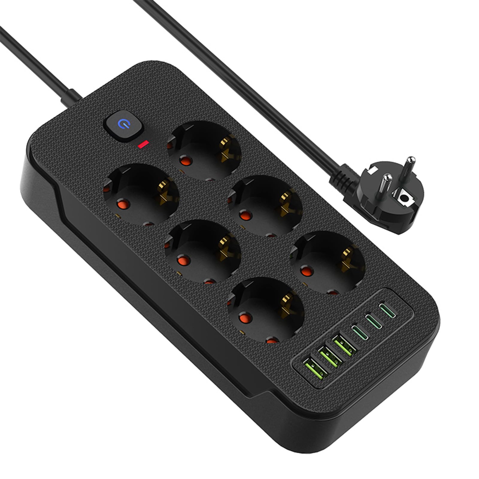 Steckdosenleiste mit Schalter, AOUOO 6 Fach Mehrfachstecker mit Verlängerungskabel 2M, 3USB/3Type-c (5V/3.1A), Max. 250 V / 16A, Steckdosenleiste Überspannungsschutz 3840W/16A für zu Hause, Schwarz