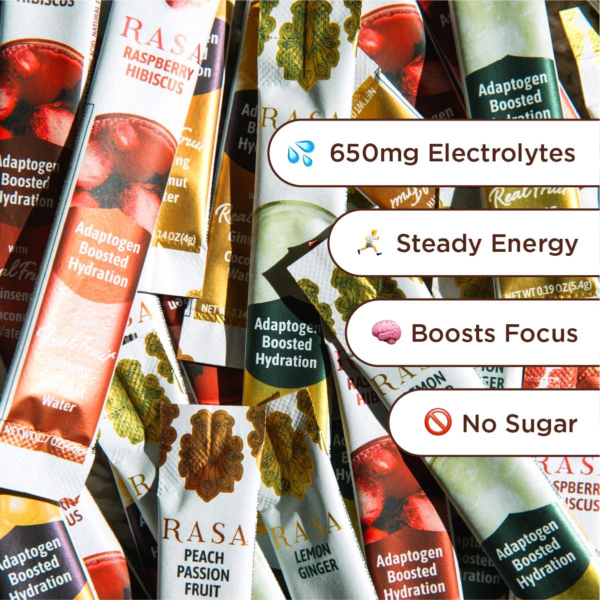 Rasa Hydration Adaptogen Powder Variety Pack | Electrolyte Mix for Rapid Hydration & Stress Support | Ginseng, Real Fruit & Coconut Water | Peach Passion, Lemon Ginger & Raspberry Hibiscus | 15 Pack