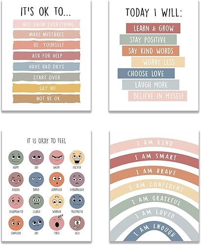 KEUSPI Póster de arte de pared de psicología de salud mental bohemio con sentimientos educativos para niños, terapia, oficina, escuela, consejería,