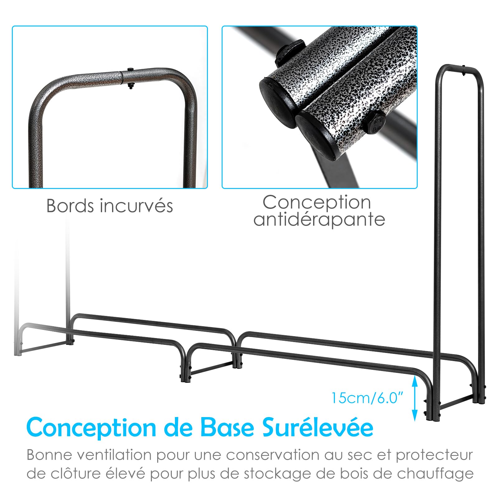 COSTWAY Range Bûche Extérieur avec Housse PVC Imperméable, Abri Bûche Rangement Bois 36-61cm de Long, Porte-bûches Abris Bois pour Cheminée, Poêle, Brasero, Noir (122,5 cm)