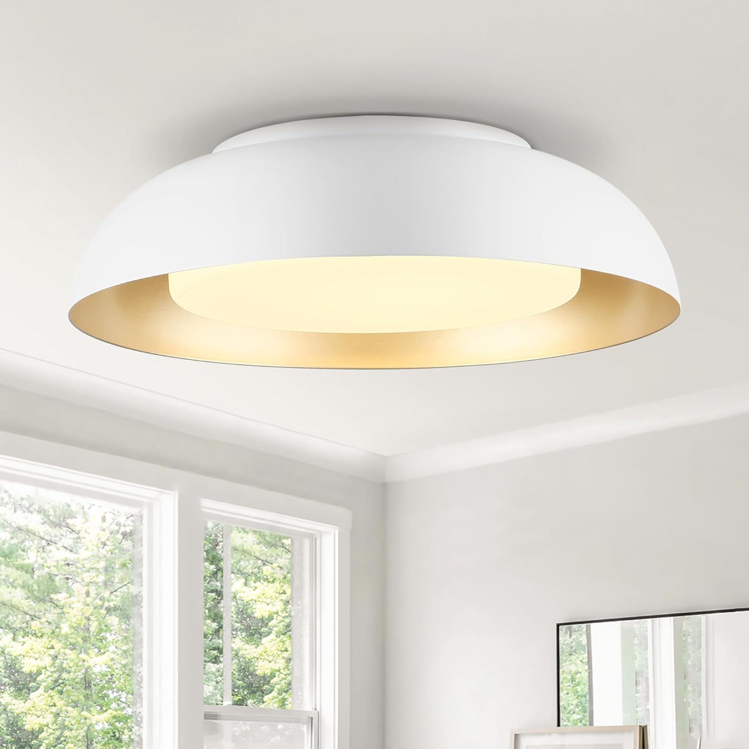 15in LED Flush Mount Ceiling Light, 28W Dimmable Ceiling Light Fixtures with Frosted Glass, White and Gold Finish Modern Ceiling Light for Bedroom Kitchen Living Room, 3CCT, OS-DY2001-WH White 16-Inch Large