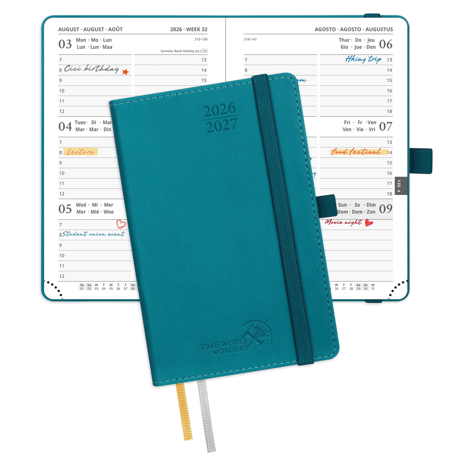 POPRUN 2026-2027 A6 Academic Pocket Diary Week to View Small PU Leather Cover (16x10.5 cm) 17 Months (Aug'26 - Dec'27), 26/27 Mid Year Weekly Planner(Pacific Green) — image 1