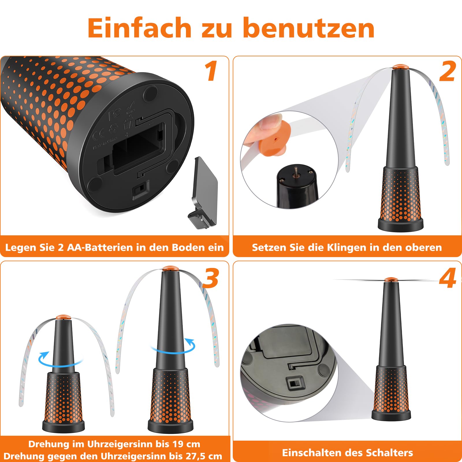 2 Stück Fliegenwedler,Einziehbar und Aufhängbar Fliegenwedler für den Tisch, Tragbarer Mückenschutz Ventilator für Fliegenventilator zum Fliegen Fliegenwedler für Tische-Orange