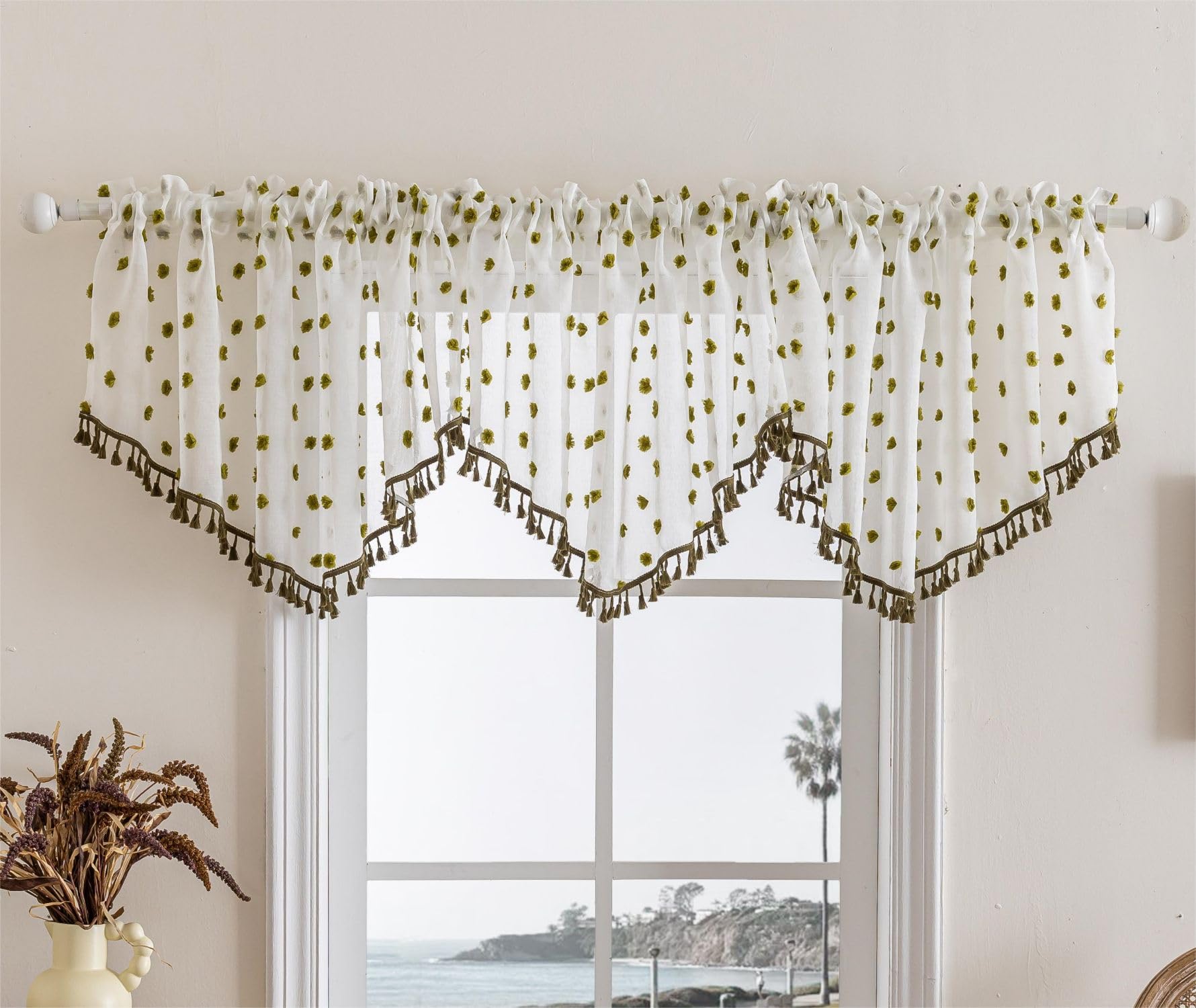 Cantonnière jacquard transparente lot de 3 rideaux triangulaires vert 60x140cm